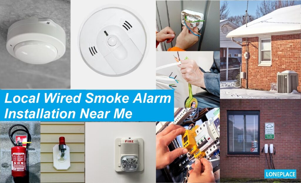 Local residential electrician installing a hard wired smoke alarm installation system in a home, demonstrating expertise in code-compliant wiring, sensor placement, and safety-focused installation.
